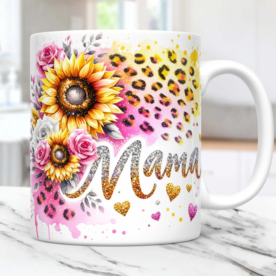 Floral Glitter Leopard Mom Life Mug